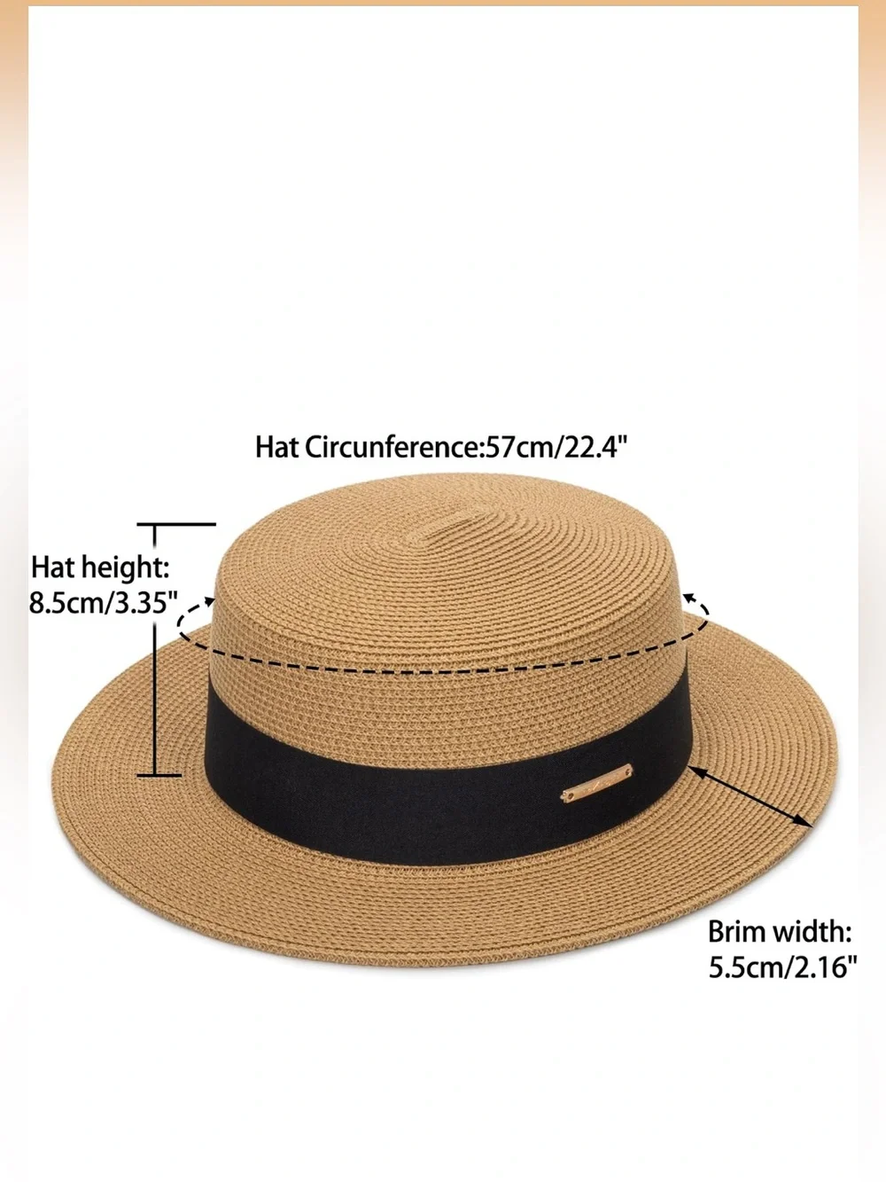 Women's Tan Straw Boater Hat with Black Band